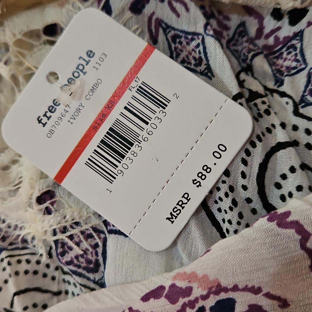 Free People Who's Sorry Now Printed Mini Slip Dress Sleeveless Lace Ivory XS NWT - Picture 3 of 16